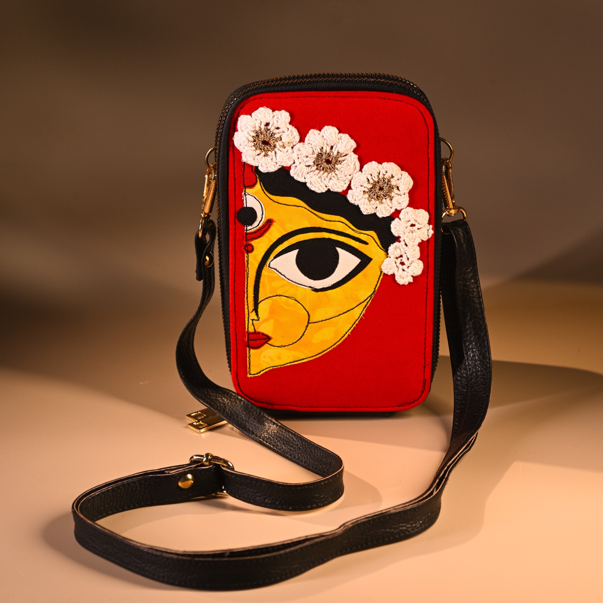 Devi Durga Pure Leather Crossbody Double Zipper Wallet Red