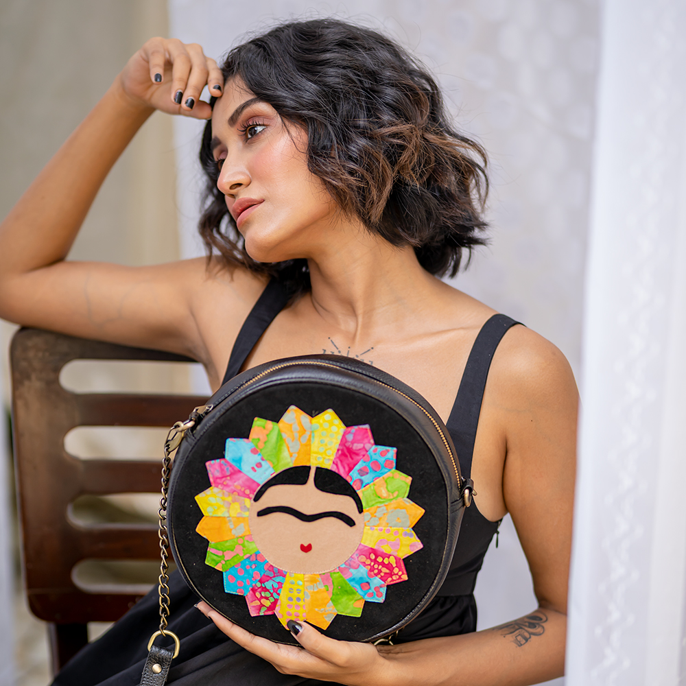 Frida Pointed Petal Round Black 9.5" Sling Bag