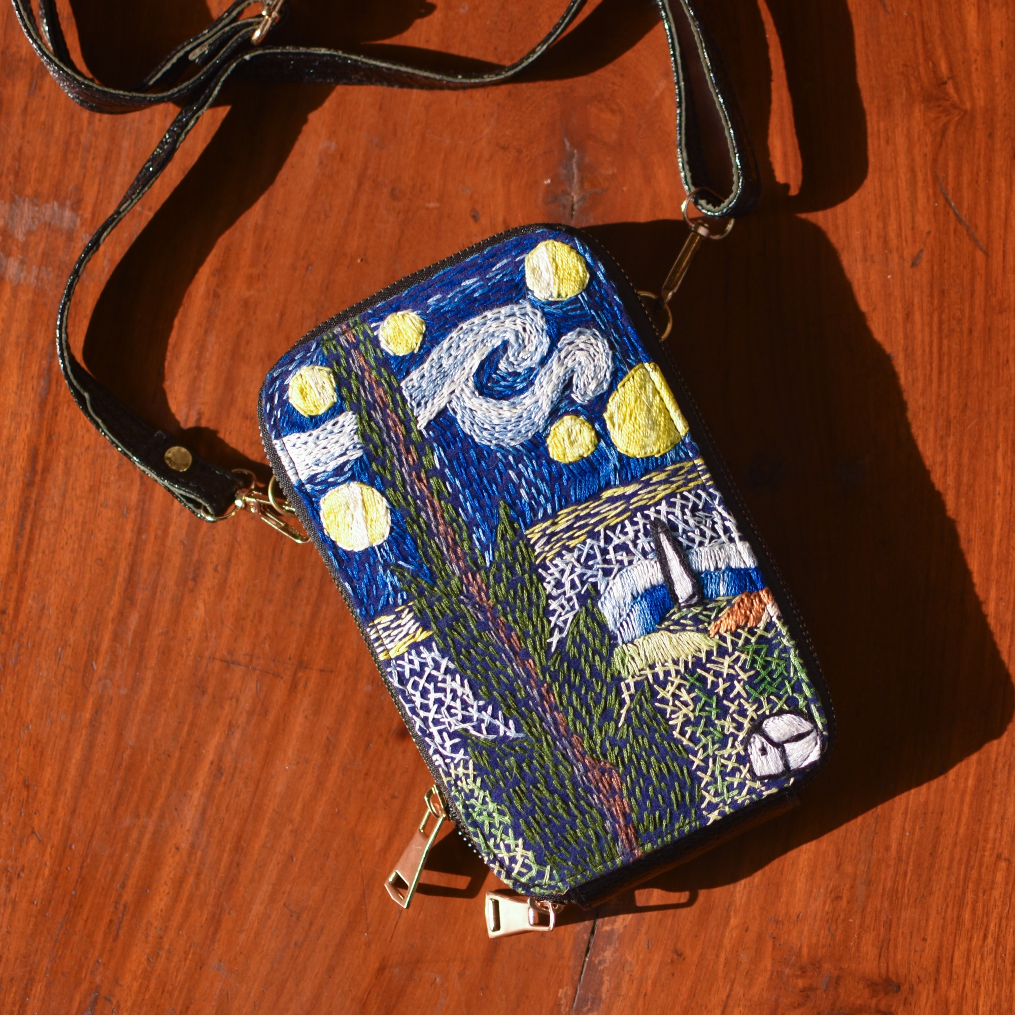 Starry Night Double Zipper Crossbody Wallet