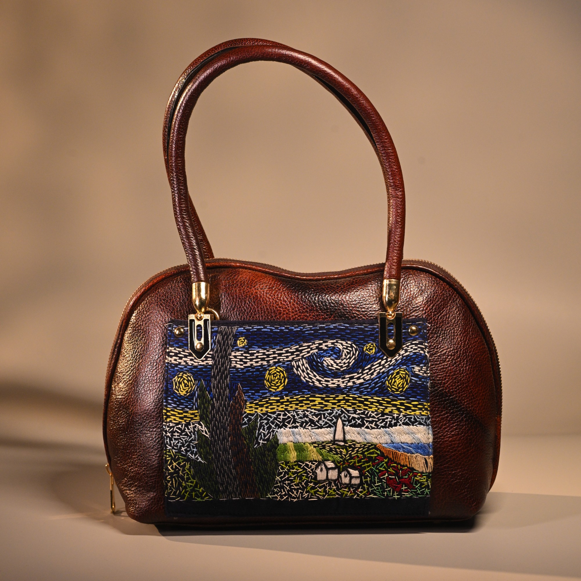 Starry Night Pure Leather 14” Brown Handbag