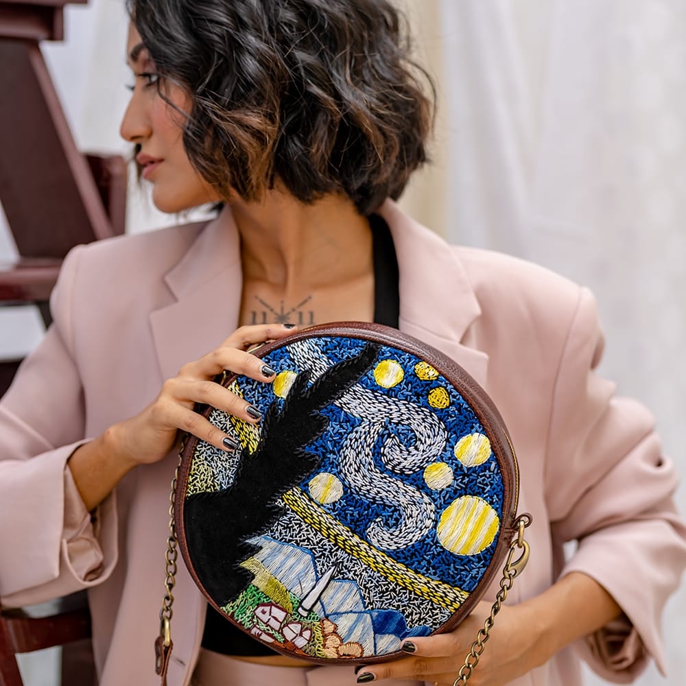 Starry Night Round 9.5” Sling Bag in Brown